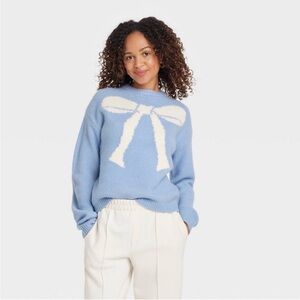 A New Day XS Light Blue White Bow Crewneck Sweater NEW Preppy Crew Draper Cozy